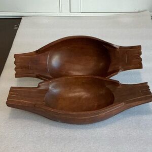 Mango Wood Long Boat Shaped Fruit Bowl 2 Pcs. NOS